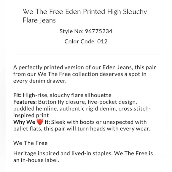 We The Free Eden Printed Wide Leg Slouchy Flare Jeans Size 28 NWT - Picture 3 of 14